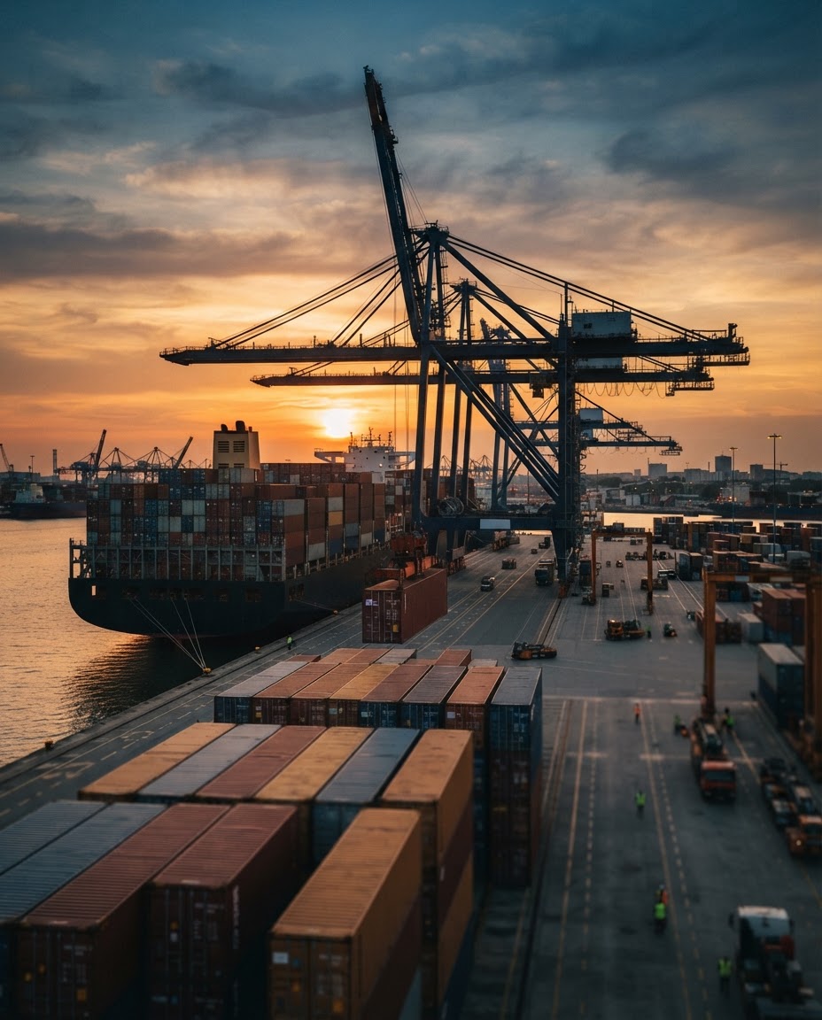 Containerschiff im Hafen bei Sonnenuntergang